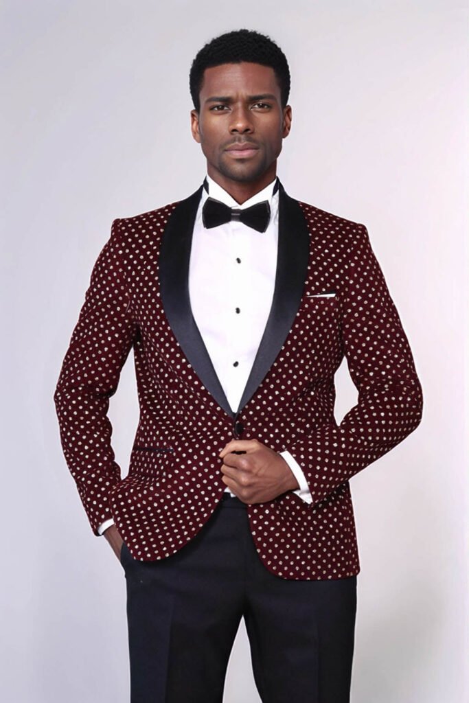 Dot Patterned Slim Fit Burgundy Men Prom Blazer