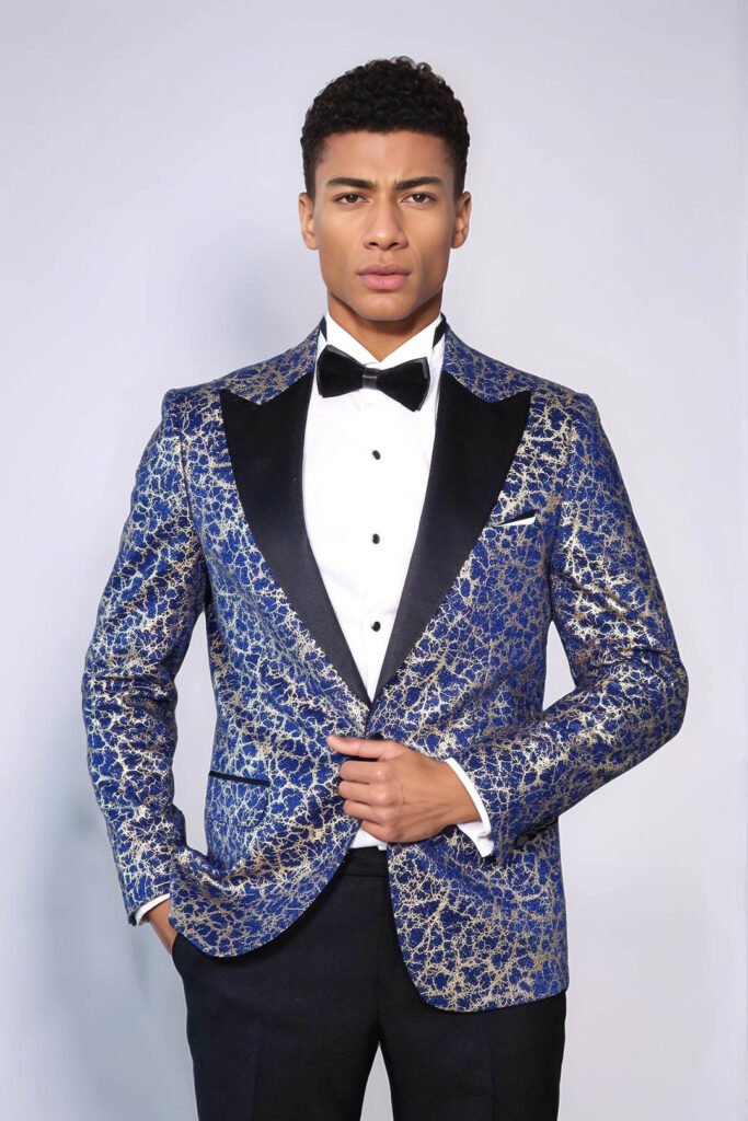 Root Pattern Peak Lapel Dark Blue Men Prom Blazer