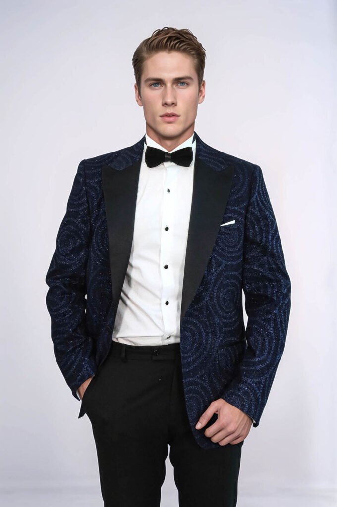 Hypnose Pattern Peak Lapel Slim Fit Navy Blue Men Prom Blazer