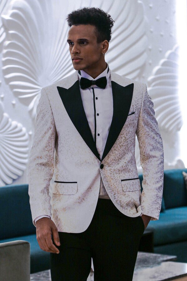 Feather Patterned Slim Fit White Men Prom Blazer