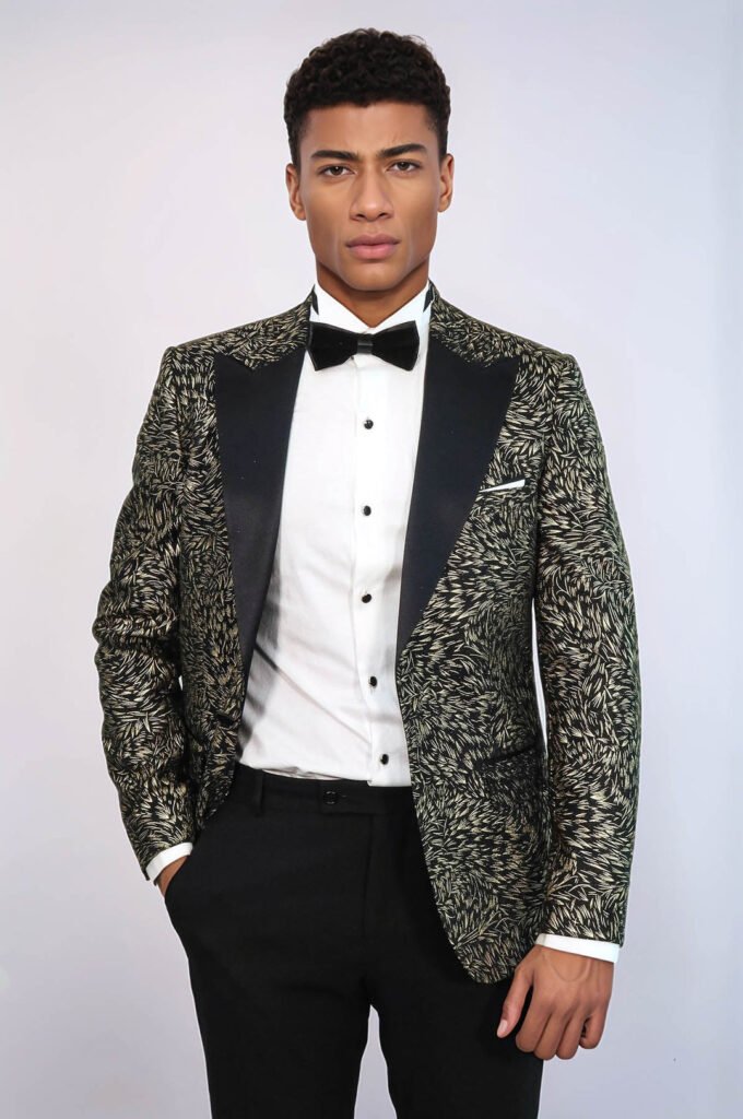 Feather Patterned Slim Fit Black Men Prom Blazer