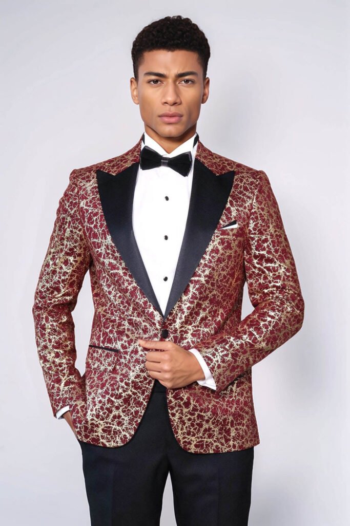 Root Pattern Peak Lapel Burgundy Men Prom Blazer