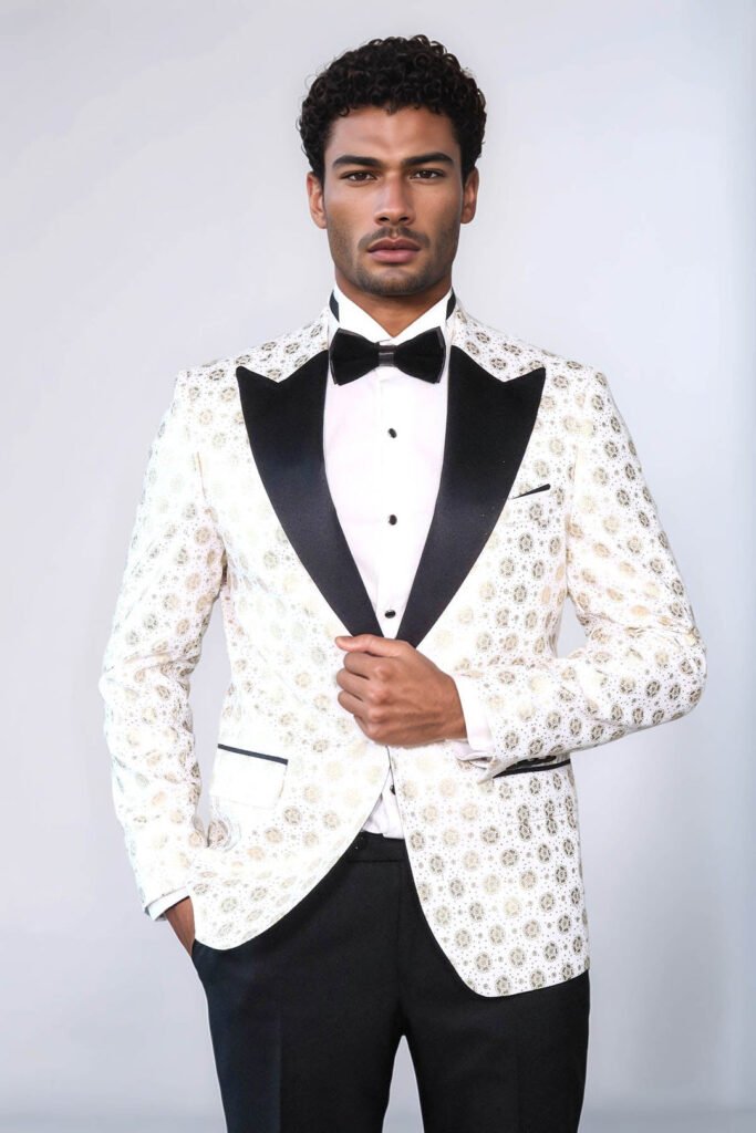 Floral Patterned Peak Lapel White Men Prom Blazer