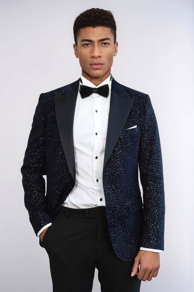 Glitter Floral Patterned Navy Blue Men Prom Blazer