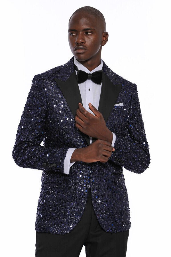 Navy Blue Sequin Patterned Party Blazer