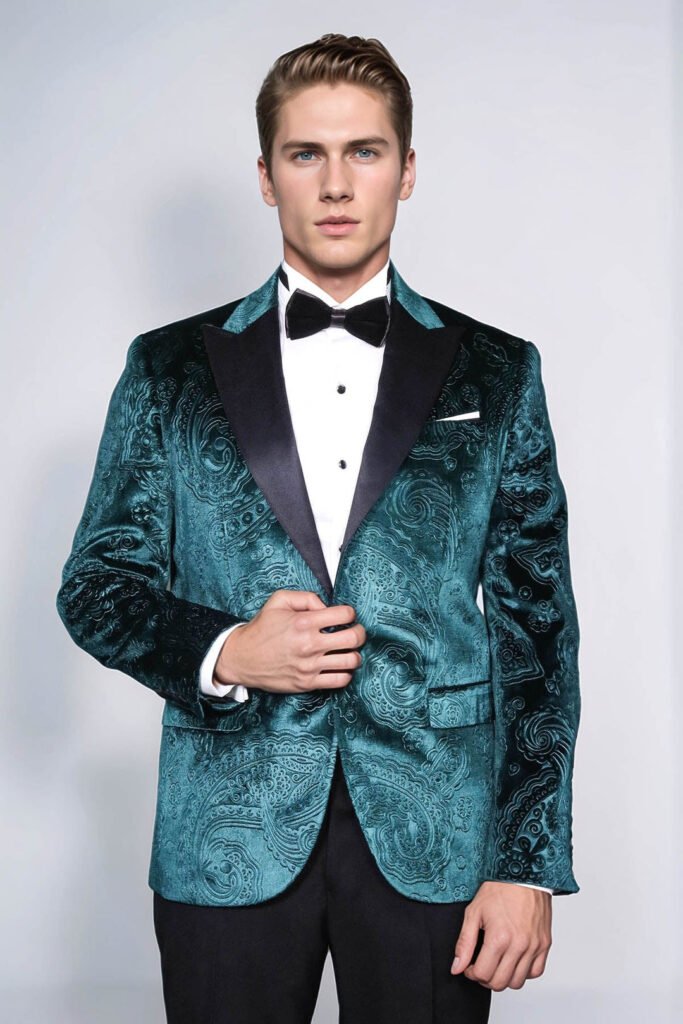 Floral Patterned Velvet Green Men Prom Blazer