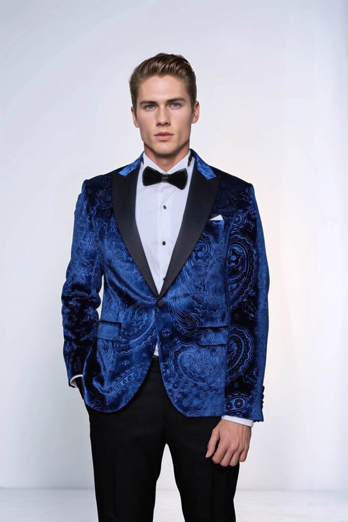 Floral Patterned Velvet Navy Blue Men Prom Blazer