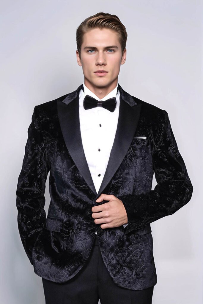 Floral Patterned Velvet Black Men Prom Blazer