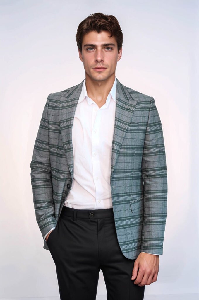 Checked Slim Fit Single Button Green Men Blazer