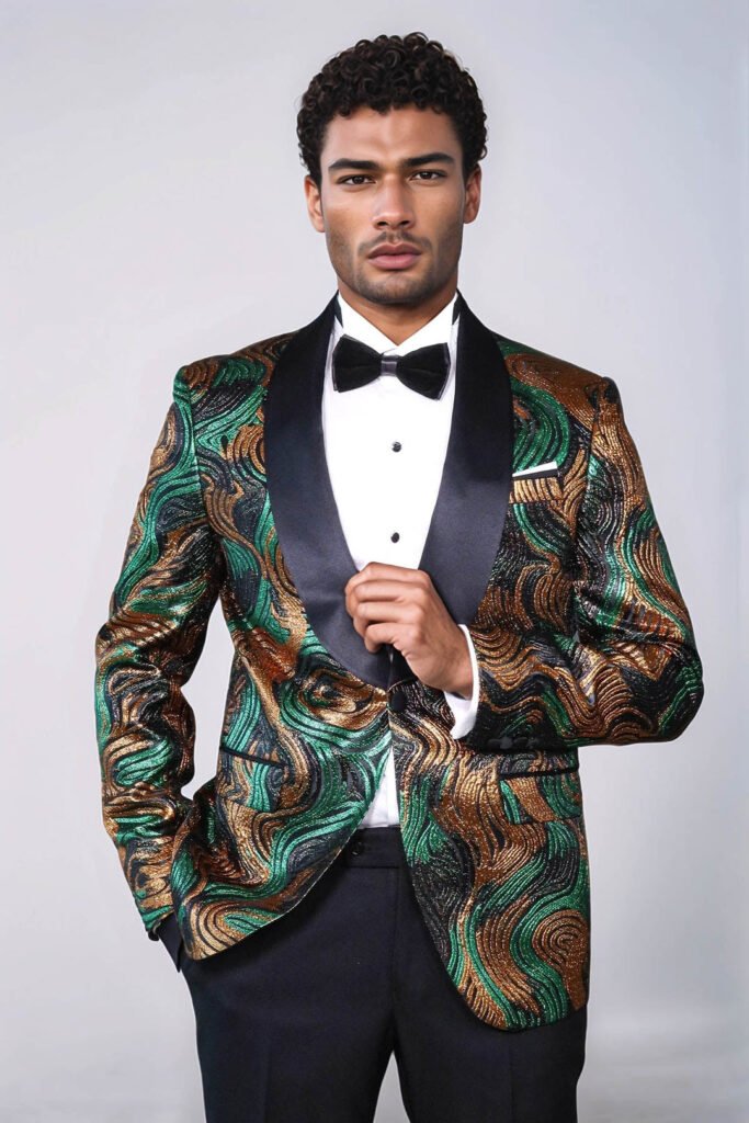 Gold-Green Patterned Over Black Men Prom Blazer