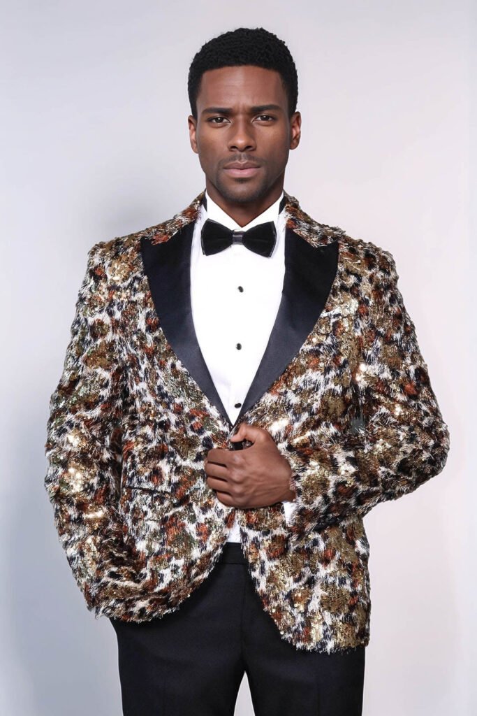 White and Gold Feather Patterned Men's Prom Jacket