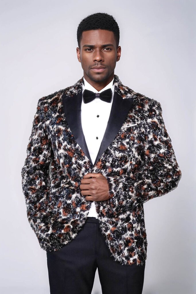 White and Black Feather Patterned Men's Prom Jacket