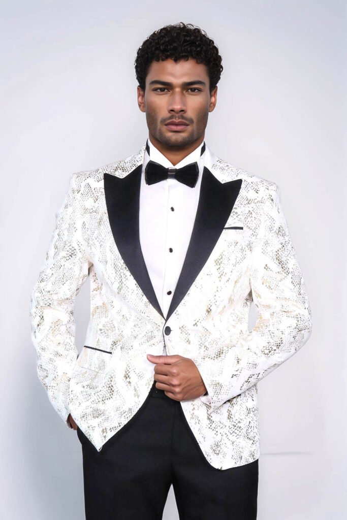 Peak Lapel Slim Fit Gold Patterned White Men Prom Blazer