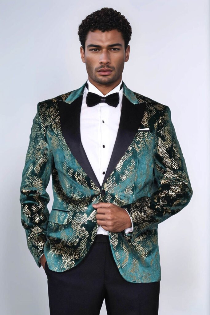 Peak Lapel Slim Fit Gold Patterned Green Men Prom Blazer
