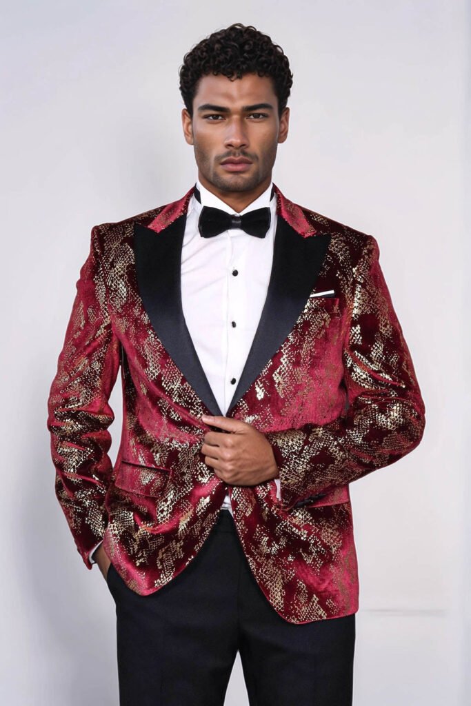 Peak Lapel Slim Fit Gold Patterned Burgundy Men Prom Blazer