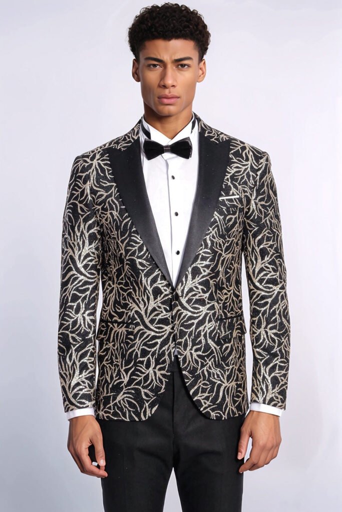 Sparkling Ivy Patterned Slim Fit Black Men Prom Blazer