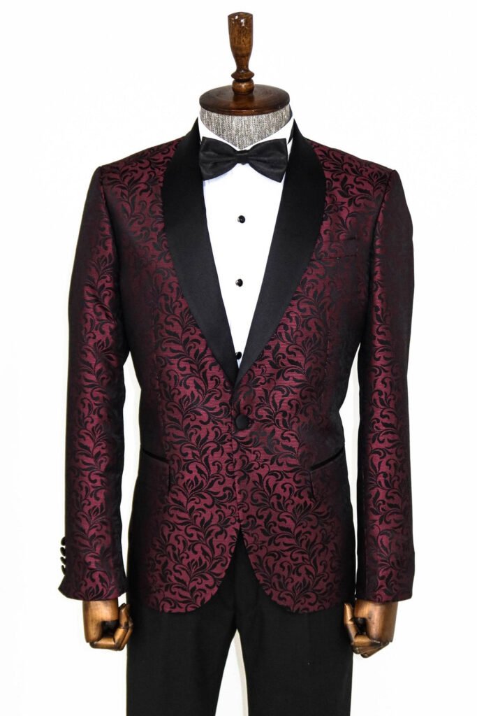 Shawl Lapel Floral Patterned Burgundy Men Prom Blazer