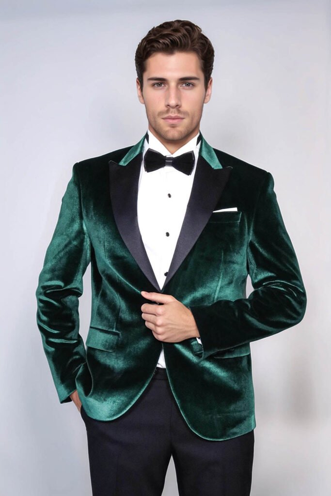 Slim Fit Peak Lapel Velvet Dark Green Men Prom Blazer