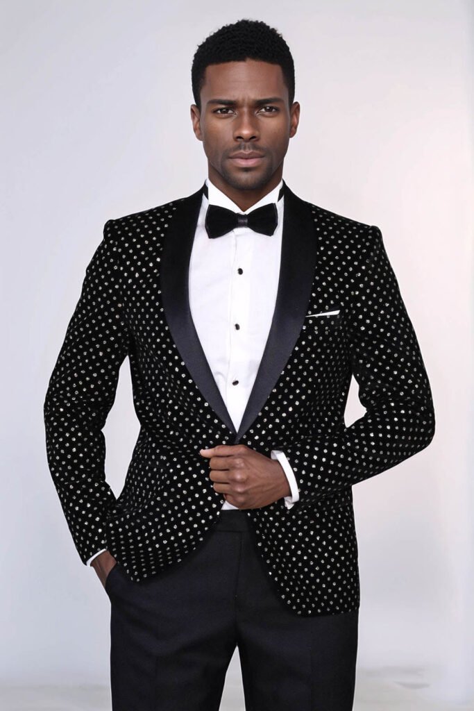 Dot Patterned Slim Fit Black Men Prom Blazer