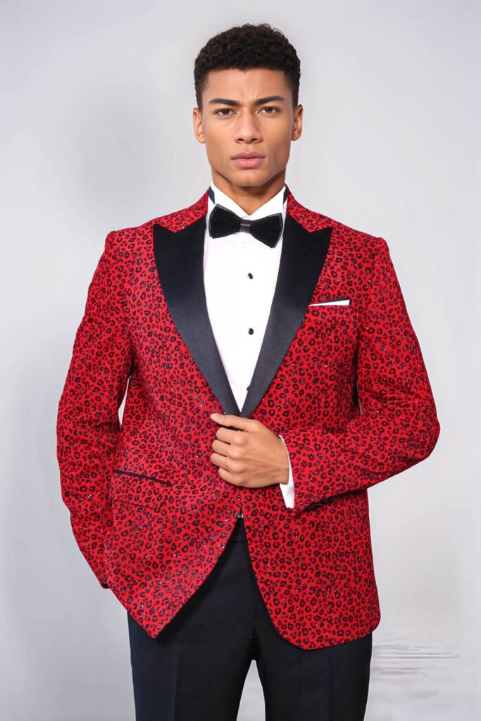 Leopard Pattern Slim Fit Peak Lapel Burgundy Men Prom Blazer