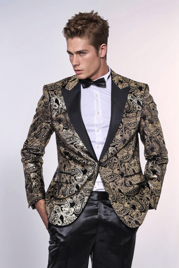 Slim Fit Gold Paisley Patterned Black Men Tuxedo Blazer