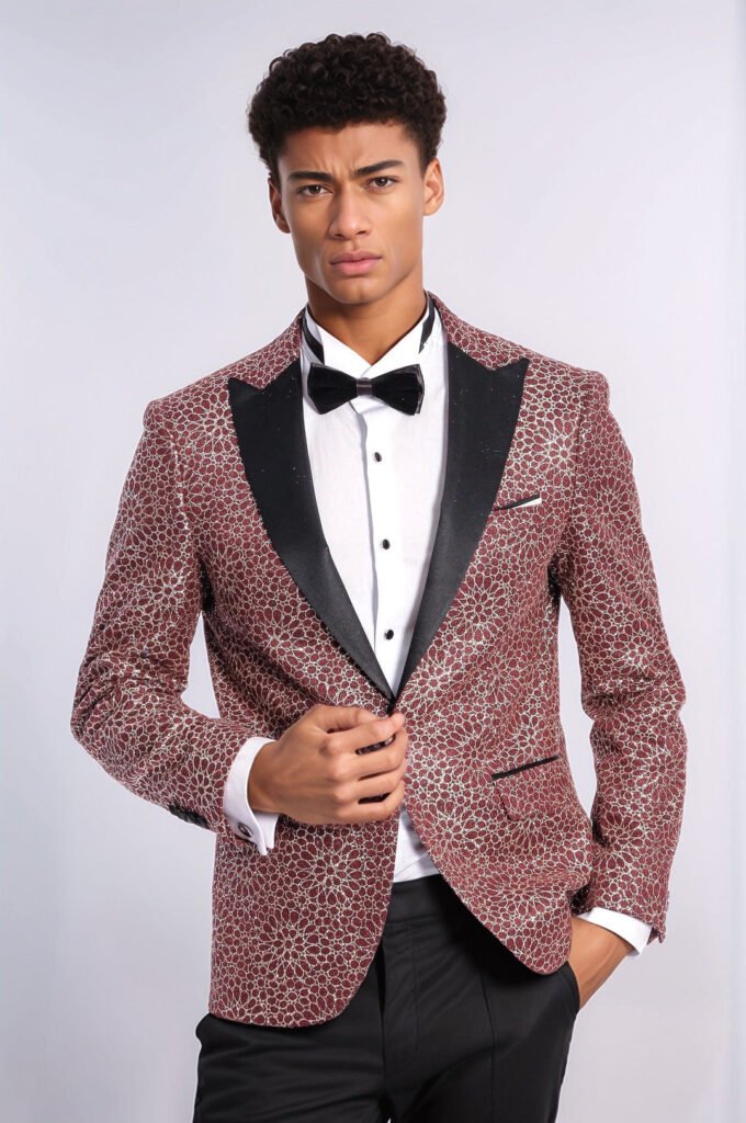 Flower Embroidered Pattern Burgundy Men Prom Blazer
