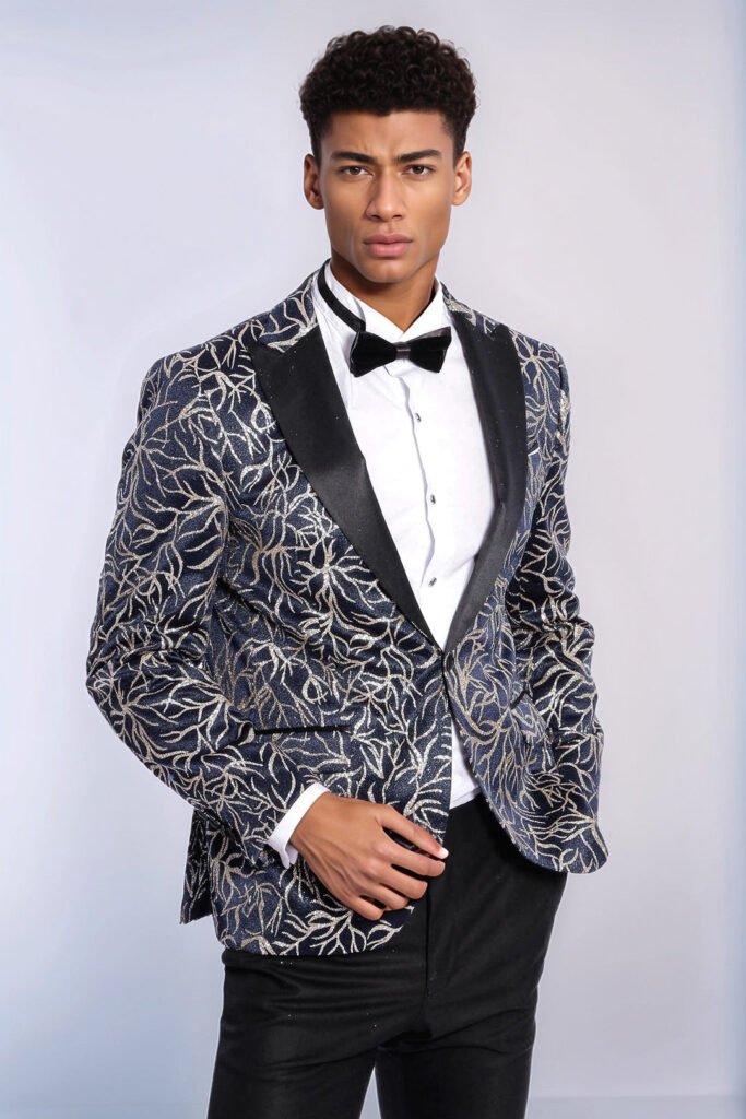 Sparkling Ivy Patterned Slim Fit Navy Blue Men Prom Blazer