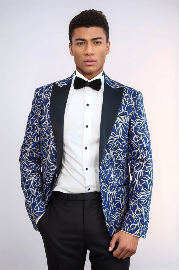Sparkling Ivy Patterned Slim Fit Blue Men Prom Blazer