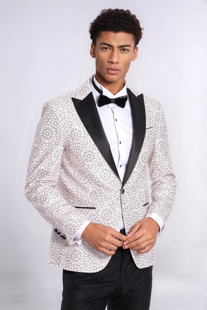Flower Embroidered Pattern White Men Prom Blazer