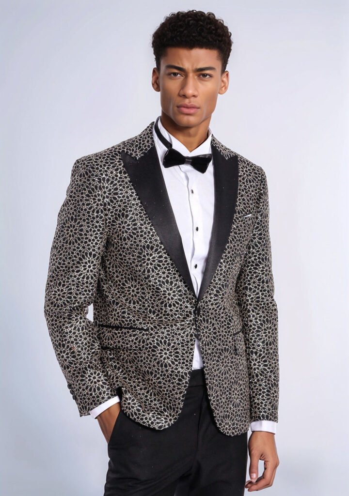 Flower Embroidered Pattern Black Men Prom Blazer