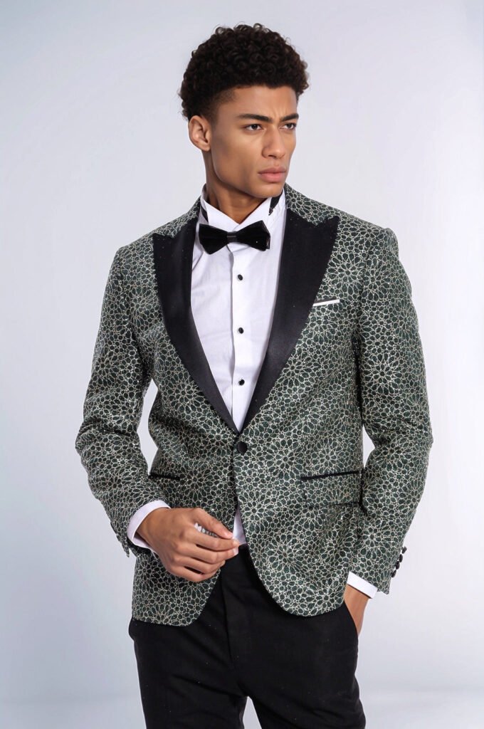 Flower Embroidered Pattern Green Men Prom Blazer
