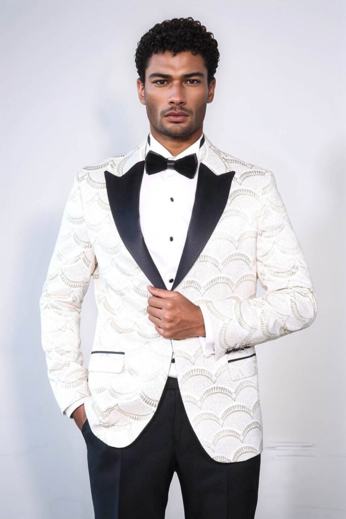 Patterned Slim Fit White Men Prom Blazer