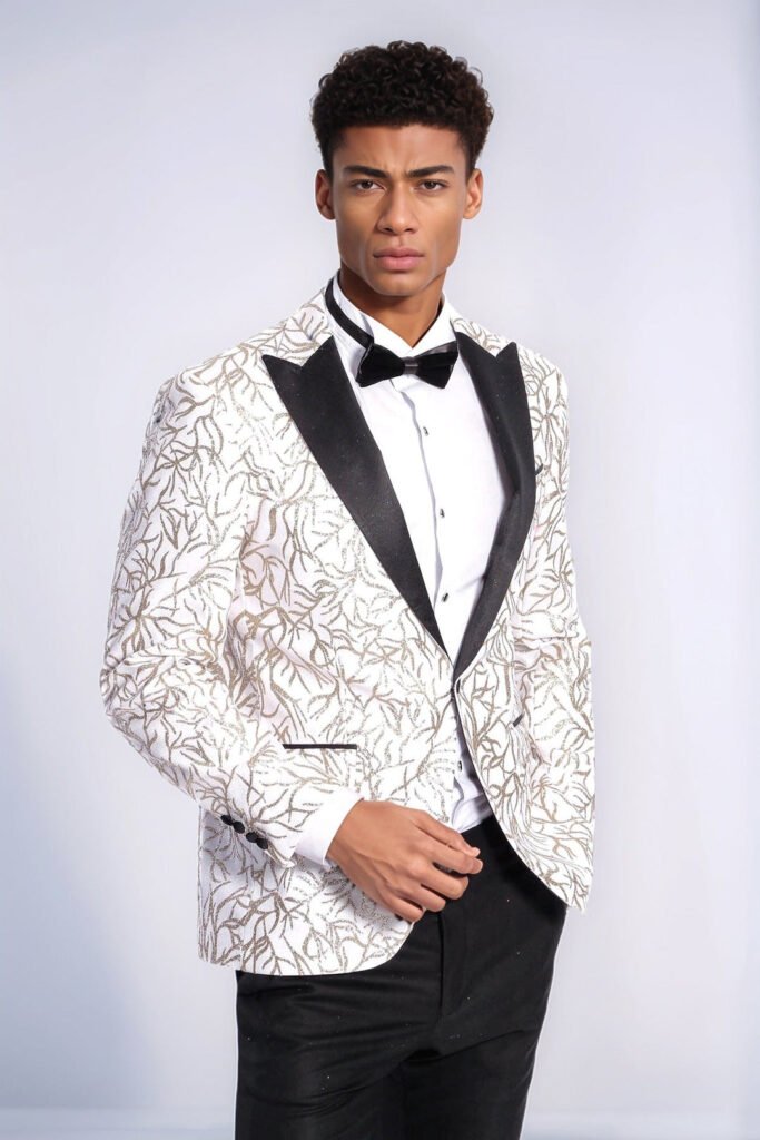 Sparkling Ivy Patterned Slim Fit White Men Prom Blazer