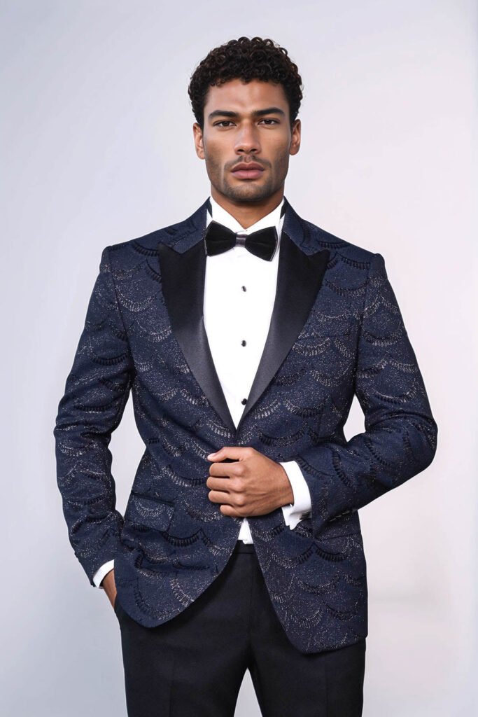 Patterned Slim Fit Navy Blue Men Prom Blazer
