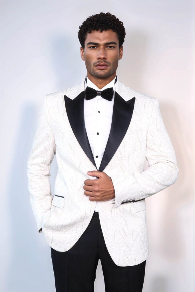 Patterned Shiny White Men Prom Blazer