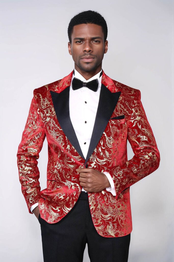 Gold Patterned Over Red Men Prom Blazer