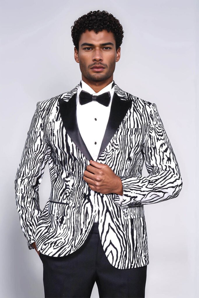 Slim Fit Zebra Patterned White Men Prom Blazer