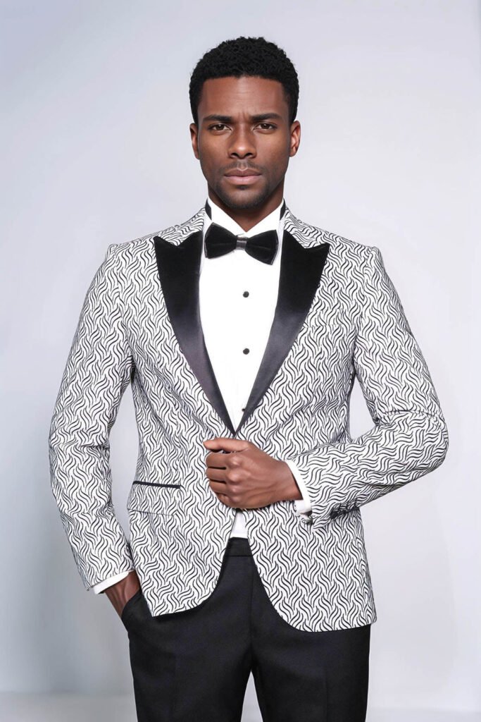 Shiny Patterned White Men Prom Blazer