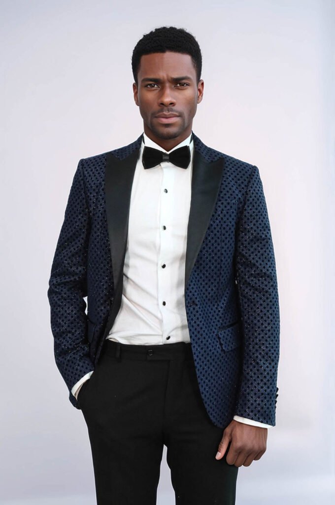 Sequin Dot Patterned Navy Blue Men Prom Blazer