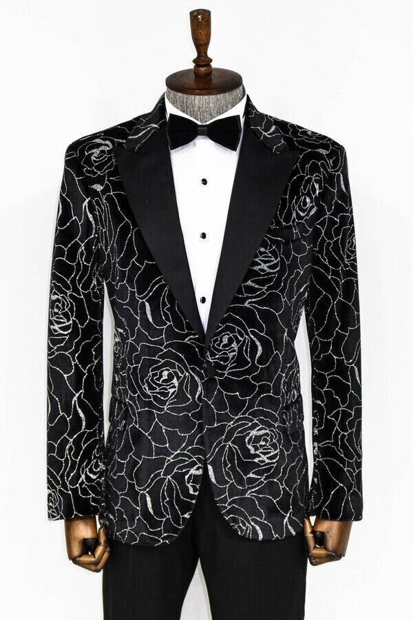 Silver Rose Patterned Over Black Men Prom Blazer