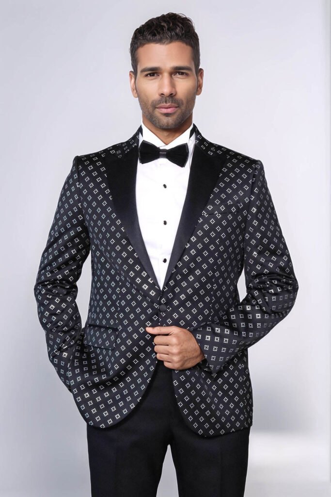 Silver Diamond Pattern Over Black Men Prom Blazer
