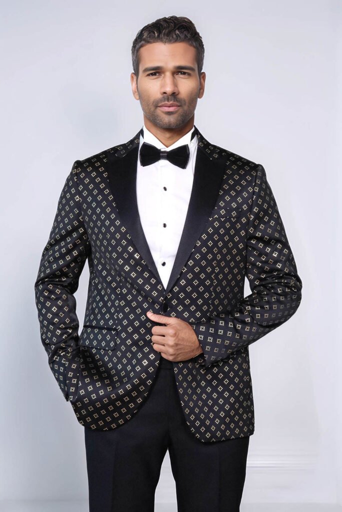 Gold Diamond Pattern Over Black Tuxedo Blazer