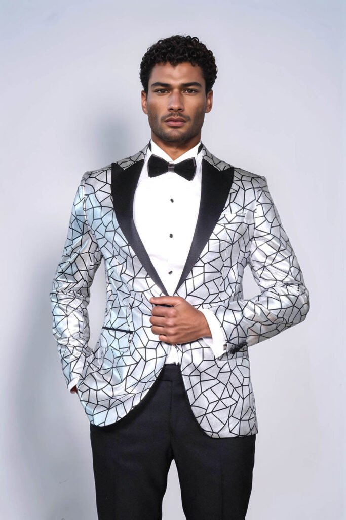 Slim Fit Black Patterned Grey Men Prom Blazer