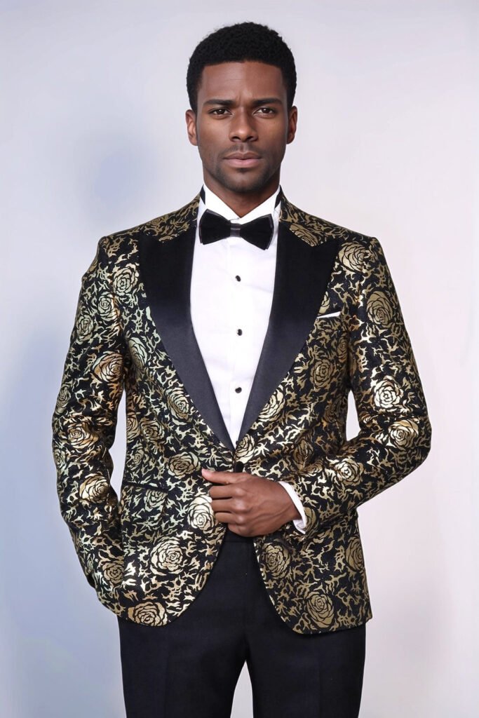 Gold Rose Patterned Slim Fit Black Men Prom Blazer