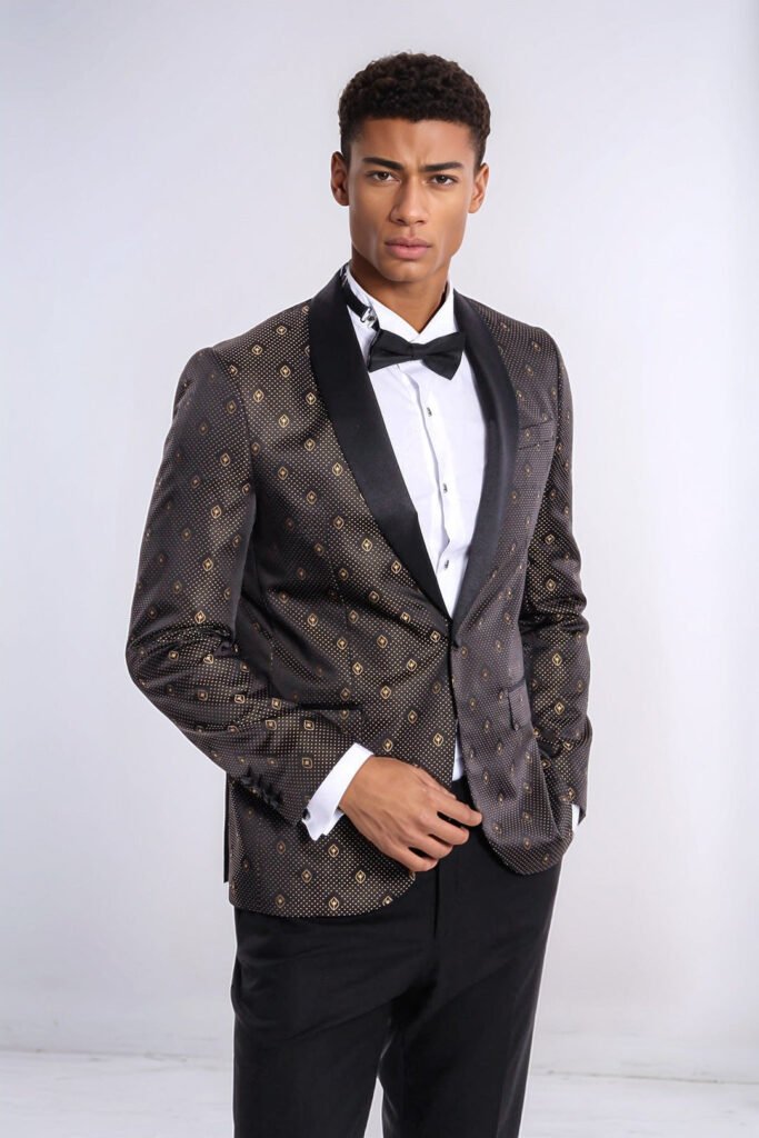 Shawl Lapel Gold Dot Patterned Over Black Men Tuxedo Blazer