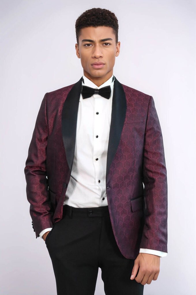 Pentagon Patterned Shawl Lapel Burgundy Men Prom Blazer