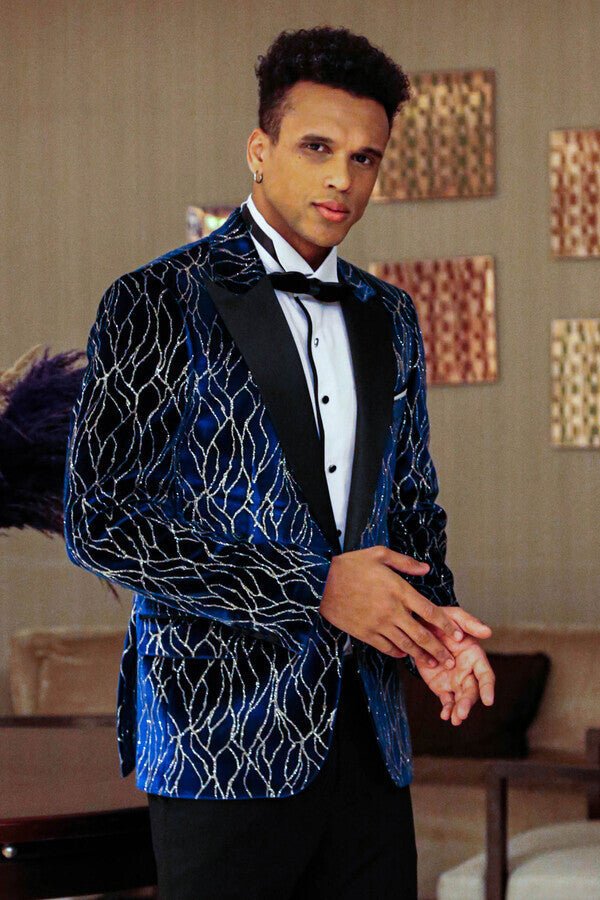 Gold Patterned Navy Blue Men Prom Blazer