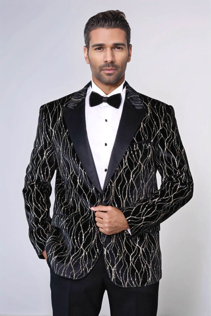 Gold Patterned Black Men Prom Blazer