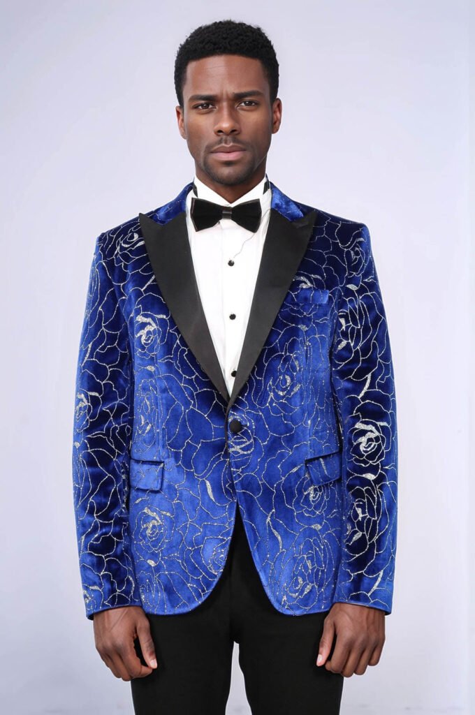 Silver Rose Patterned Over Blue Men Prom Blazer