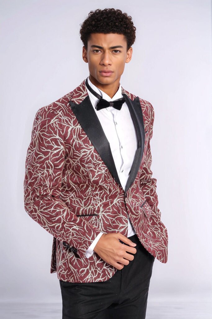 Sparkling Ivy Patterned Slim Fit Burgundy Men Prom Blazer